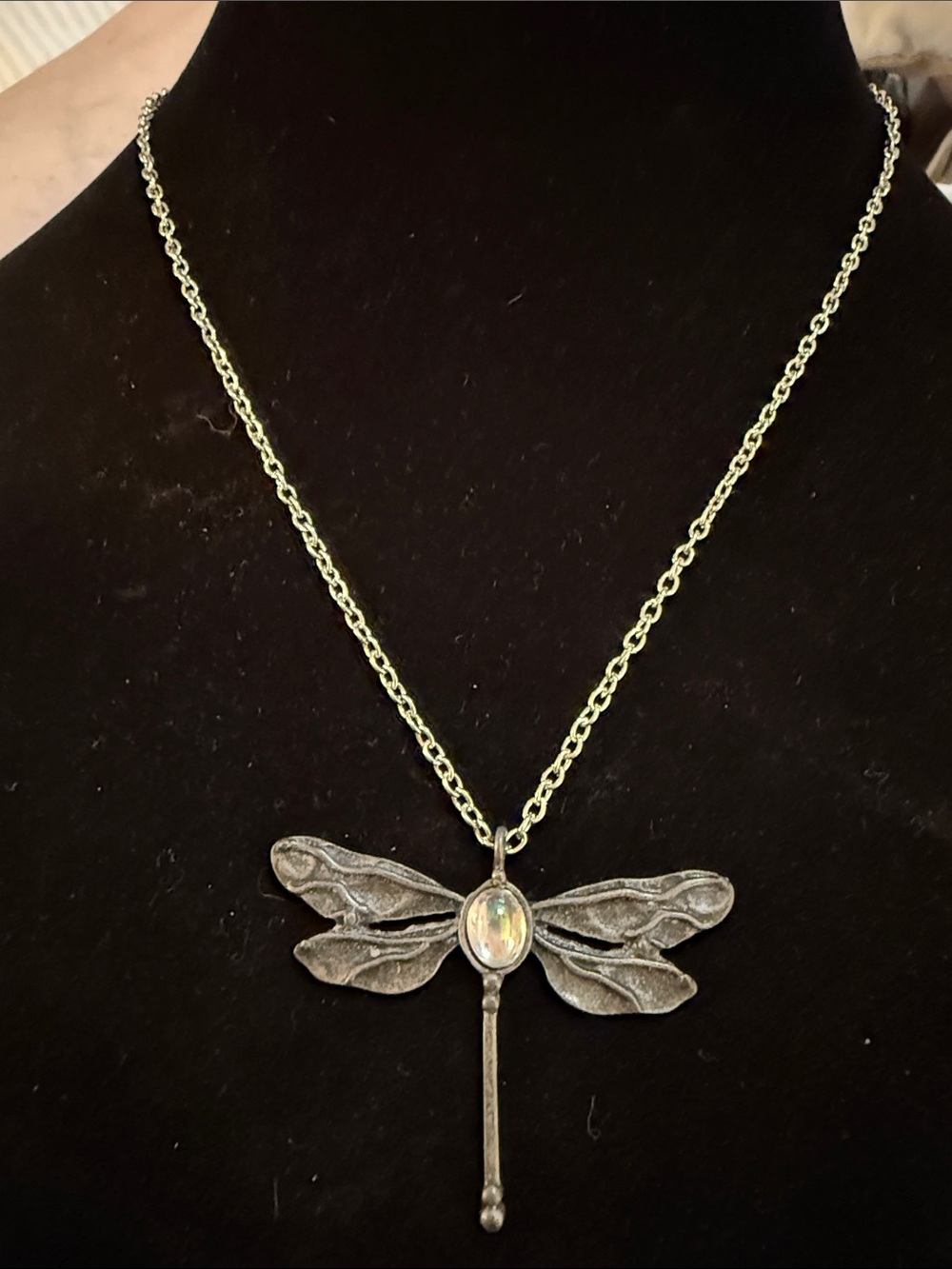 New 12” Women’s Pewter Dragonfly Necklace with moonstone